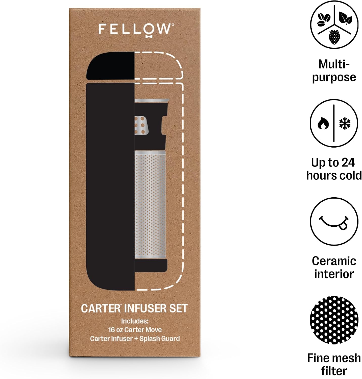 Fellow Carter Tea Infuser for Loose Leaf Tea and Cold Brew - Fine Mesh | Stainless Steel Tea Steeper, Dishwasher Safe, Snaps Into Carter Mug 16 oz, Drip Tray Included, Tea Diffuser for Mugs
