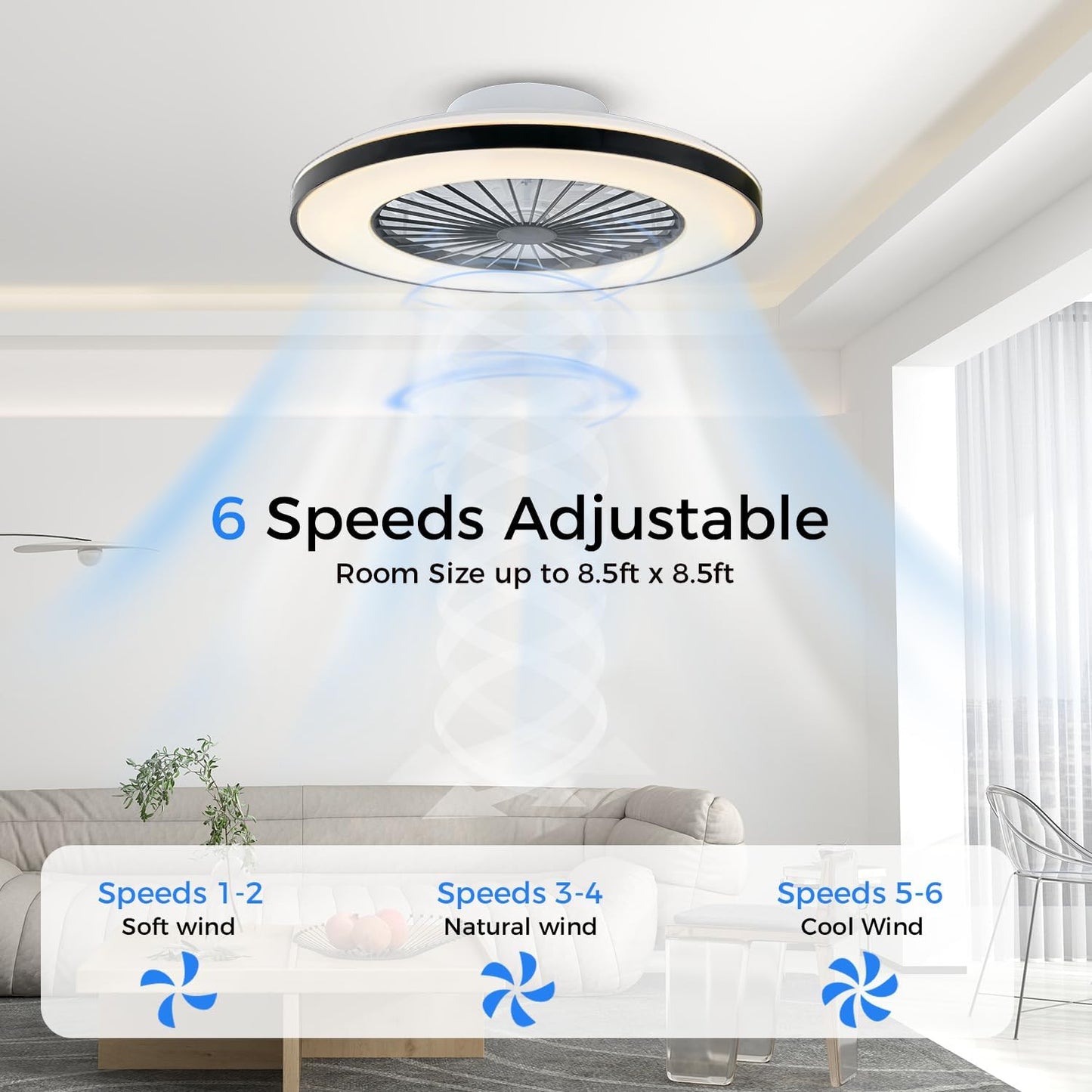 18.9" RGB Flush Mount Ceiling Fan with Light, 6 Speeds 3 Colors | Indoor Ceiling Fan · RGB+3CCT Dimmable · App/Remote Control · Quiet DC · 6-Speed Reversible · Flush Mount 18.9" · Kids Room
