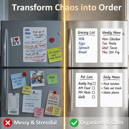 Magnetic White Board for Refrigerator Plan Weekly Menus at a Glance | Dry Erase Sheet for Meal Schedules - 12" x 8" Kitchen Command Center for Busy Moms with Magnet Backing Packed Flat