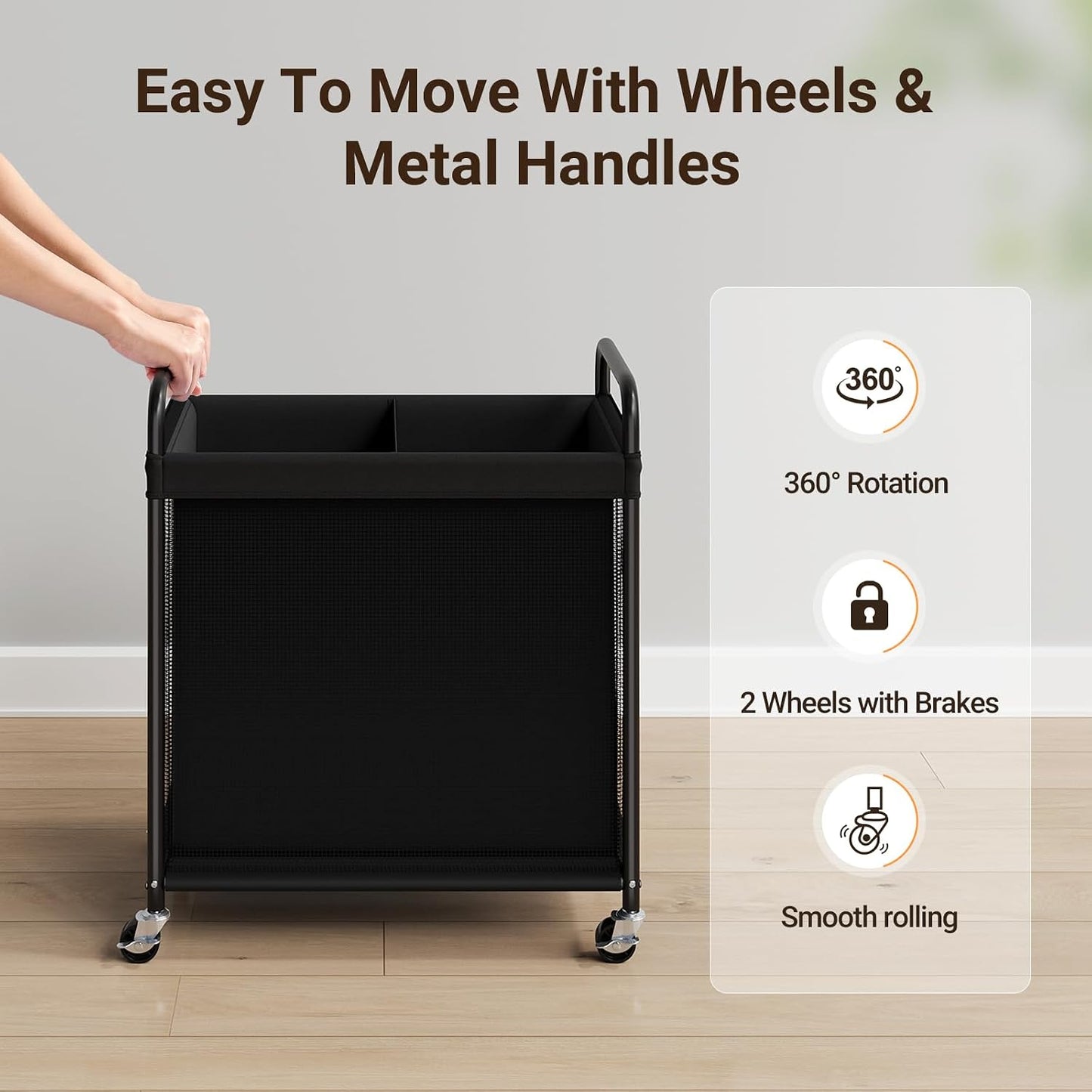 ELYKEN Laundry Hamper 2 Section, 100L Rolling Laundry Sorter with Wheels | Removable Washable Liner Bags, Sturdy Steel Frame and Metal Handle, Double Compartment Clothes Organizer for Laundry Sorting