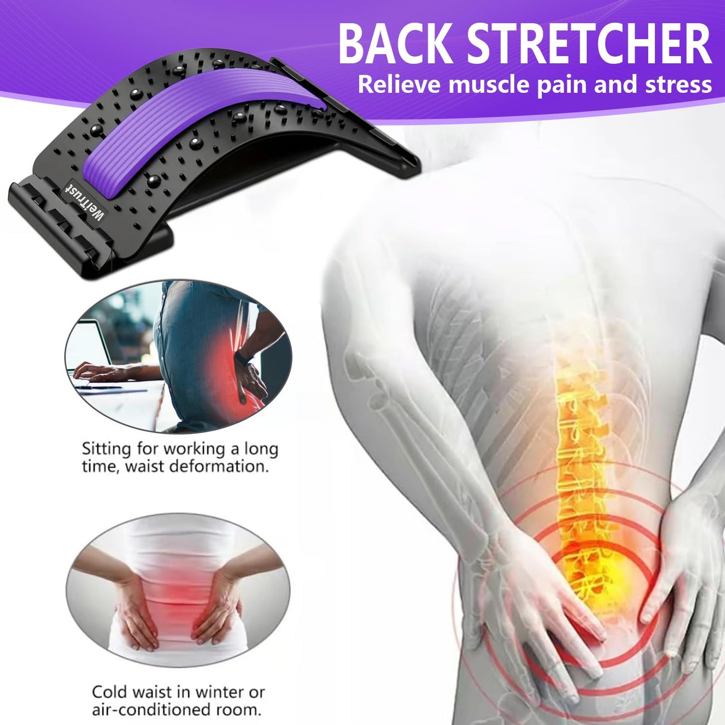 Back Stretcher - 4-Level Adjustable Lumbar Support Board & Back Cracker for Lower Back Pain Relief, Home Office Use (Purple)