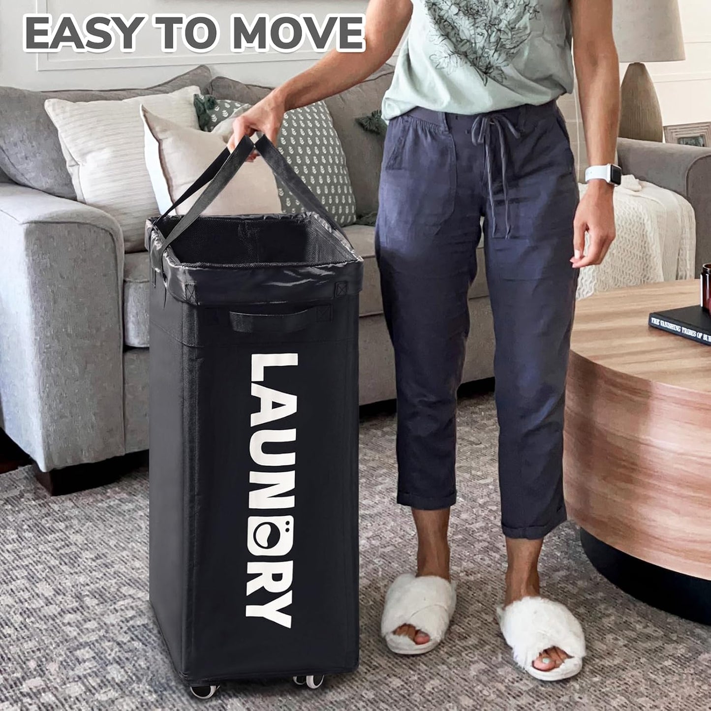 CHICVITA 75L Large Rolling Laundry Basket with Wheels & Wash Bag, Grey | Collapsible design saves space for corner dorms. Removable wash bag for easy laundry transport