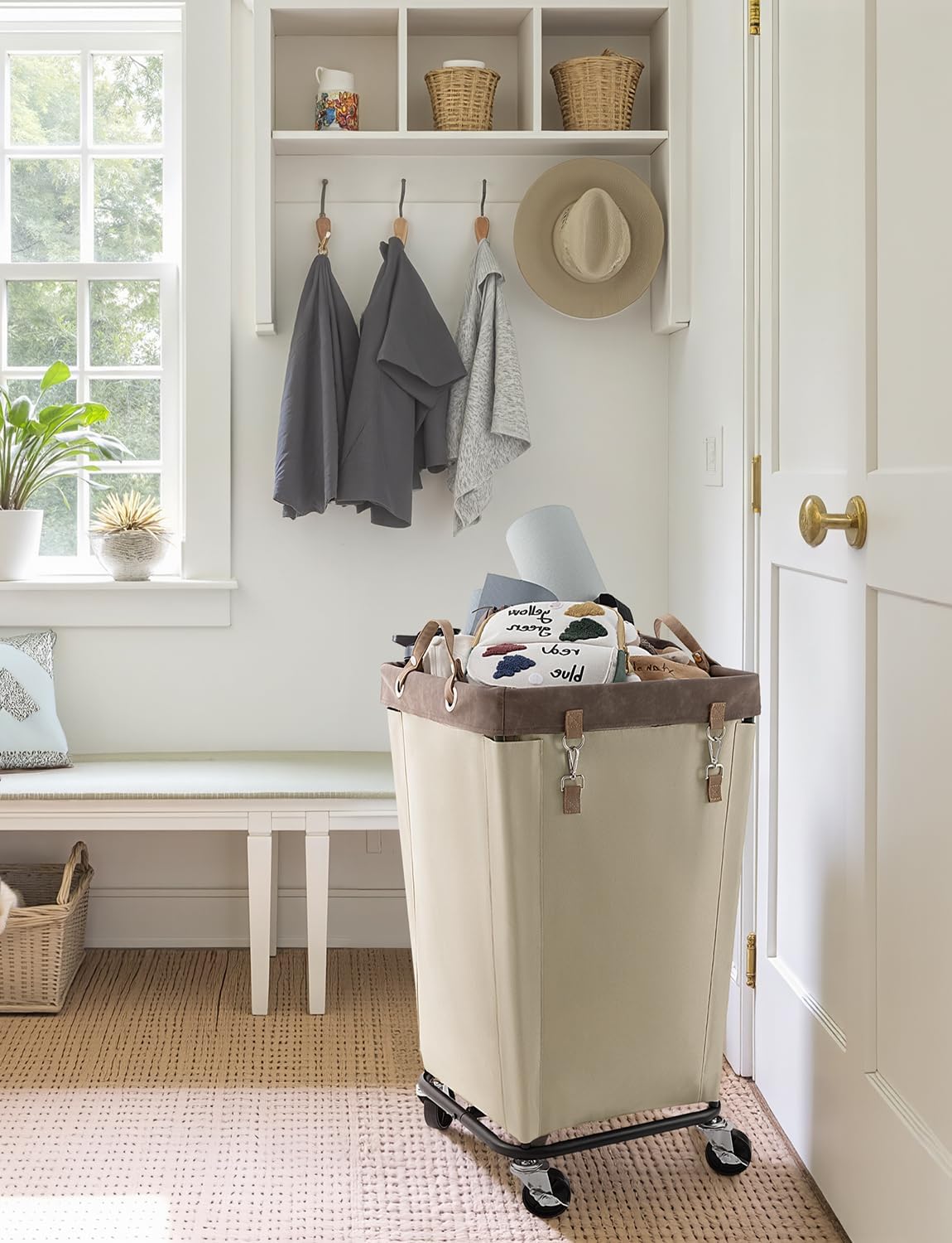 StorageWorks 160L Laundry Basket with Wheels, Rolling Hampers for Clothing | Beige Laundry Basket with Wheels, Metal Frame & Handles, Rolling Hamper for Bedroom, Bathroom, Dorm, Hotel