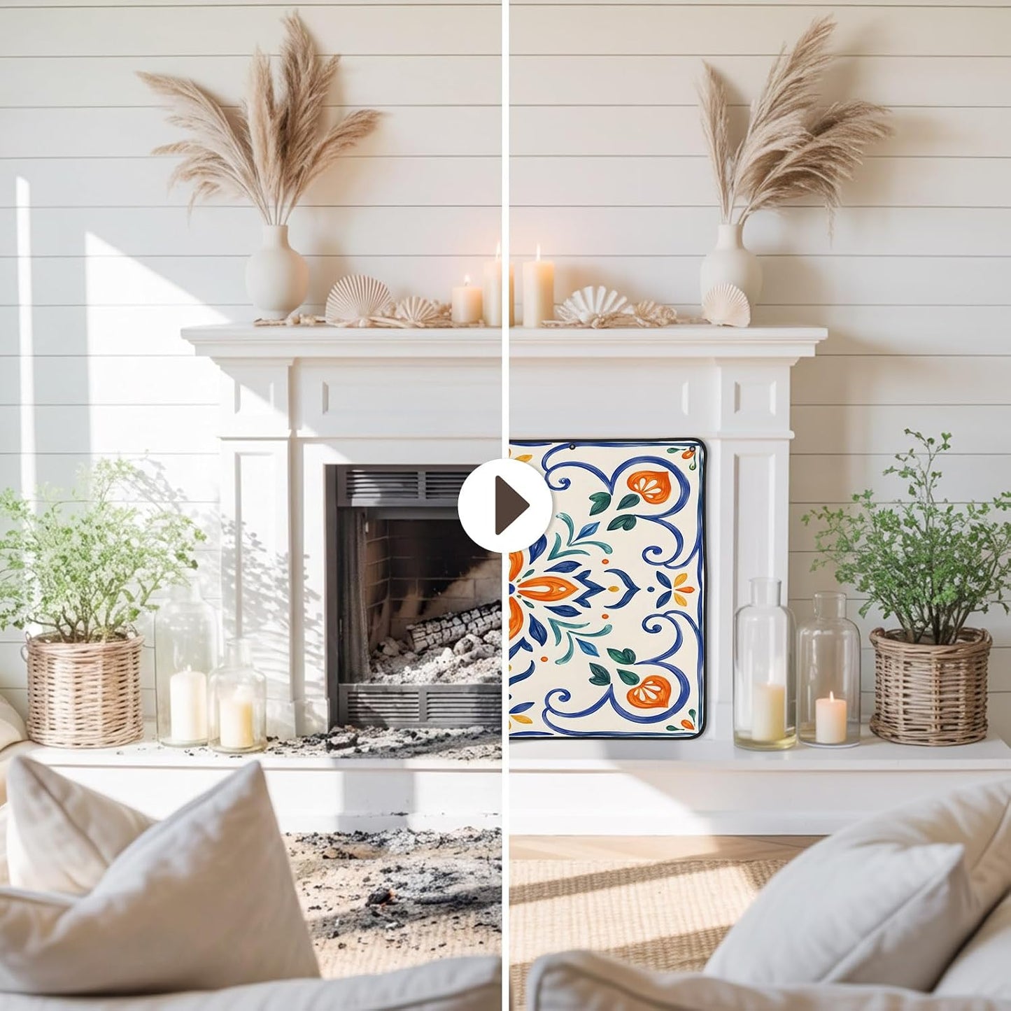 Magnetic Fireplace Cover Bird Branches Fireplace Screen Decorative Green Leaves Frame Insulation Fireplace Blocker Blanket Save Energy Fireplace Draft Stopper Covers for Living Room 45x34 Inch