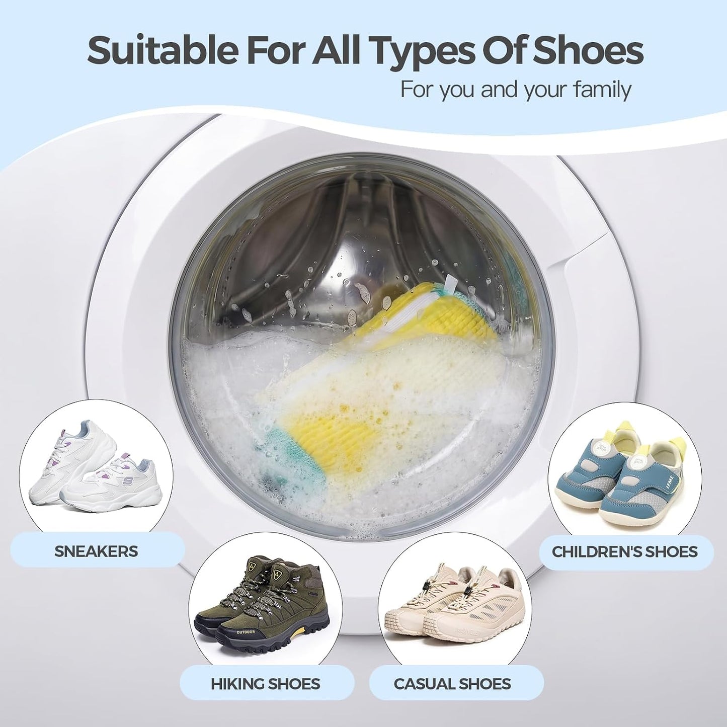 Dual Shoe Washing Machine Bag for Washer and Dryer Holds 2 Shoes (Yellow) | Reusable Laundry Shoe Bag with Microfiber Brushes, 360° Deep Cleaning, Self-Locking Zipper,Sneaker Tennis Shoe Cleaning Bag