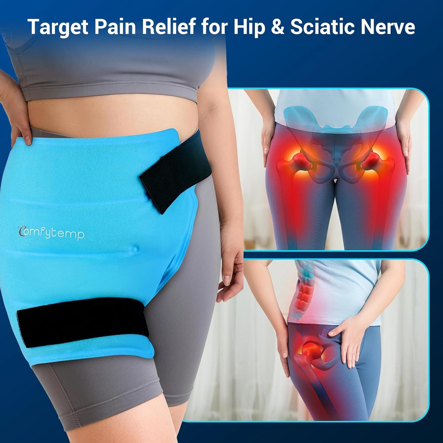 Comfytemp Hip Ice Pack Wrap for Sciatica Pain Relief, Hip Replacement Kit After Surgery, Reusable Gel Ice Pack for Injuries, Hot Cold Compress Recovery Items, Fathers Day Dad Gifts for Men, Blue (S/M)
