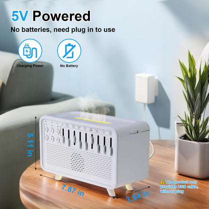 White Noise Night Light Humidifier, 3-in-1 White Noise Sound Machine Humidifier with 8 Ambient Sounds, Diffuser Sound Box Powered by USB, Sleep Sound Machine for Home Office, Timer | 8 ambient sounds, 3 brightness levels, 30/60/120 minute timer, USB