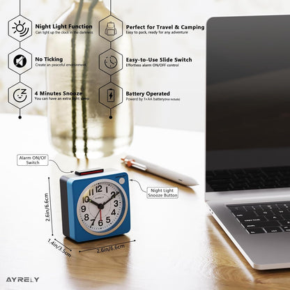 AYRELY® 2.6" × 1.4" Ultra Small Battery Operated Analog Travel Alarm Clock | Silent Non-Ticking Retro Bedside Table Clock with Snooze, Light and Easy Top Alarm Switch for Travel and Bedrooms (Silver)