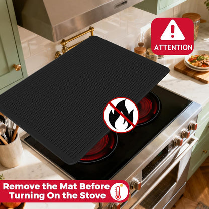 28 x 20 in Electric Stove Top Cover Set with 2 Stove Gap Covers | Thickened food-grade silicone glass cooktop protector; 450°F heat resistant, extra counter space, raised-edge dish drying mat