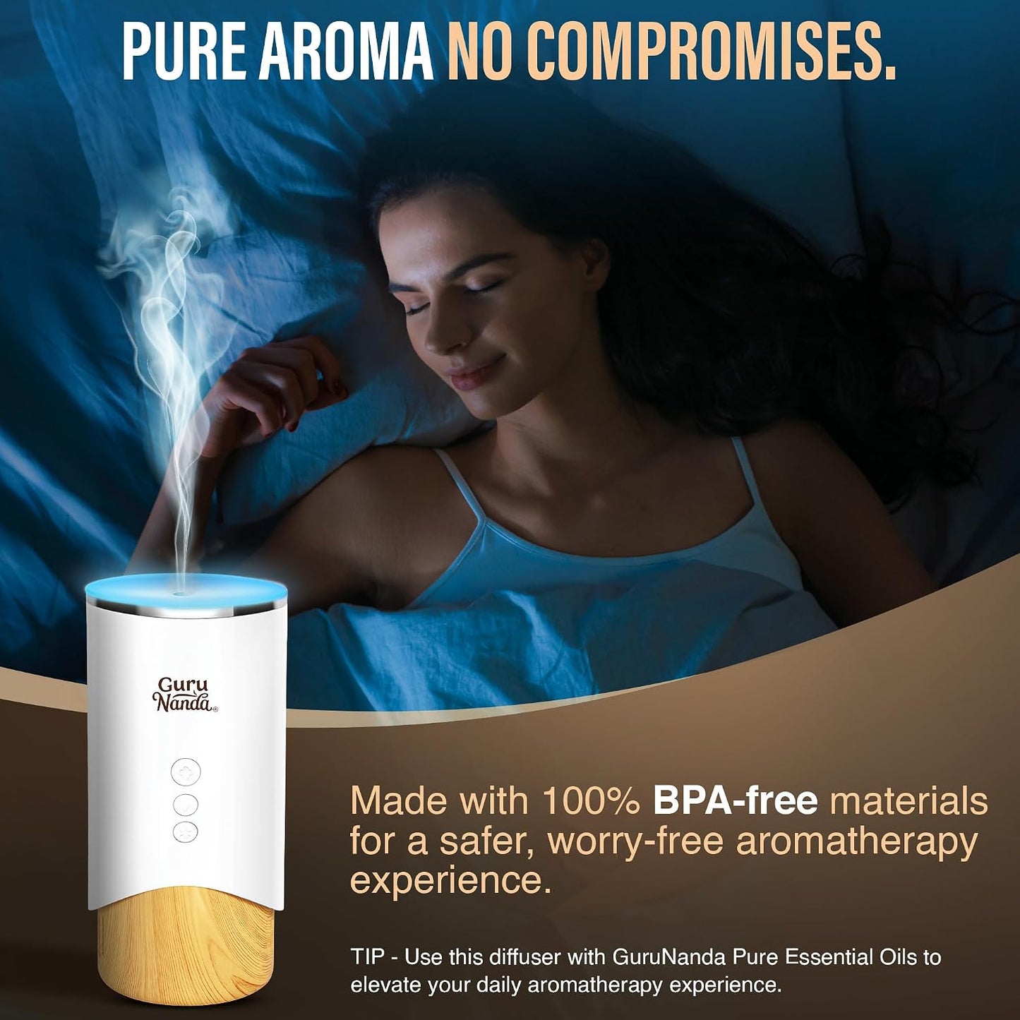 GuruNanda Calm Aura Essential Oil Diffuser, Sleek Modern Corded Electric Aromatherapy Diffuser with Turbo & Mist Modes, Auto Shut-Off Safety, Covers 250 Sq Ft, White, 100 ml