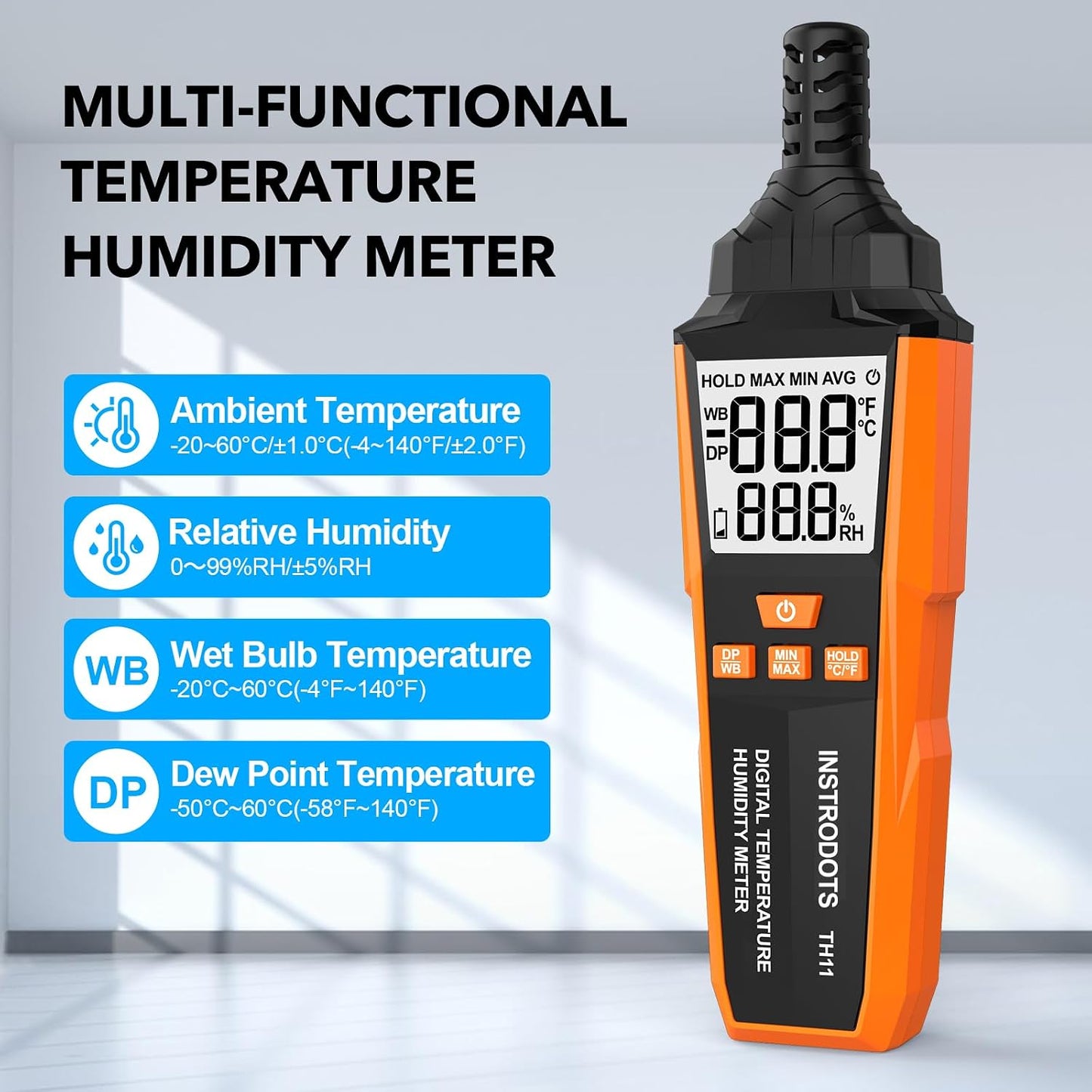 Temperature Humidity Meter, High Precision Thermometer Hygrometer with Ambient, Dew Point, Wet Bulb Thermometer, Dual Display Temperature & Humidity with LCD Backlight, TH10