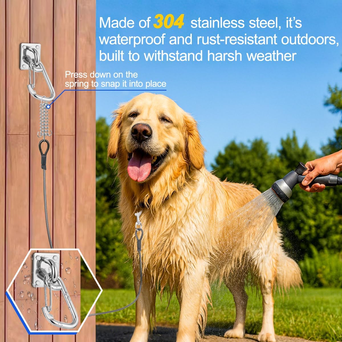 Dog Leash Holder for Wall with Tie Out Cable, 304 Stainless Steel Heavy Duty Hook with Anti-Escape Design, Indoor & Outdoor Pet Leash Anchor for Small and Medium-Sized Dogs, 1 Pack