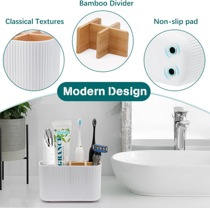 GFWARE Toothbrush Holders for Bathrooms - Bamboo Divider Toothbrush and Toothpaste Holder with Drainage, Kids Electric Toothbrush Organizer for Bathroom Countertop, White Tooth Brush Holder | 5 Slots Toothbrush and Toothpaste Holder with Bamboo Divider,