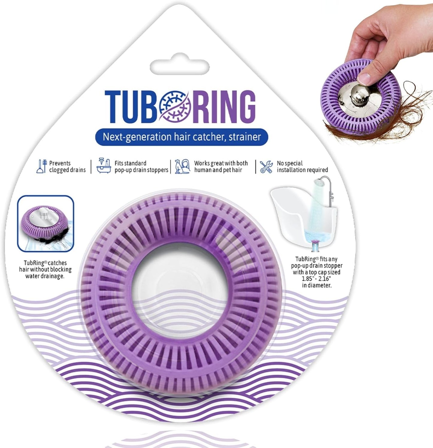 TubRing Pop-Up Drain Protector & Strainer Silicone Hair Catcher, Aqua | Easy snap-in design fits around bathtub stoppers. Customizable utility guard for clog prevention. Fits 1.85"- 2.16" drains.