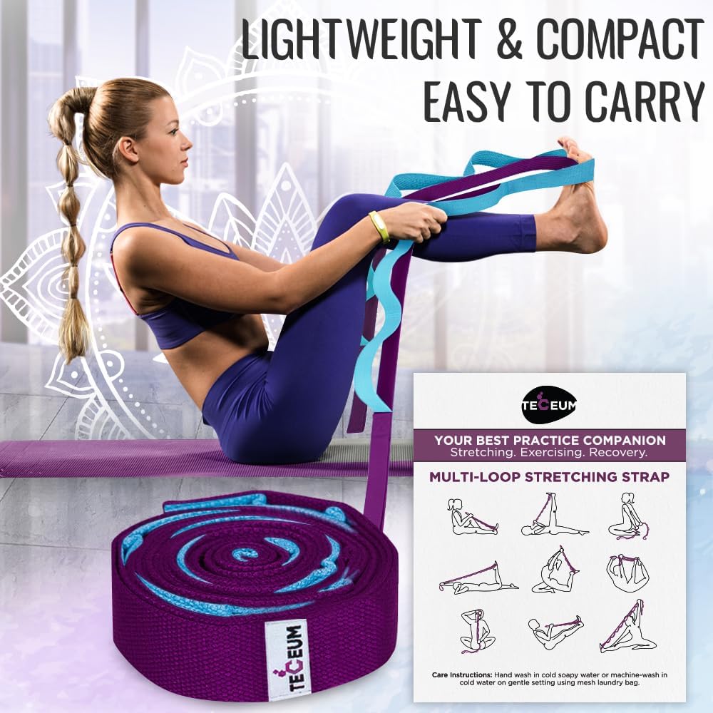Stretching Strap with 10 Loops for Physical Therapy & Rehab | Non-Elastic Yoga Stretch Band for Hamstring, Leg, Hip & Knee Rehab, Pilates, Flexibility & Mobility Exercises for Men & Women