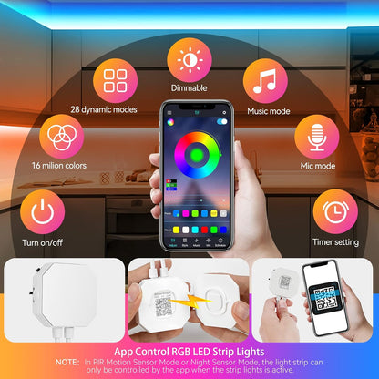 9.8Ft RGB LED Strip Lights, Motion Sensor Under Bed Lights, Indoor Usage, USB Powered, 3 Modes, App Control, RF Remote, SMD5050, for Bedroom, Kitchen, Stairs | Color Changing Motion Activated LED Strip Night Lighting,Music sync,Auto on/Off,USB Powered