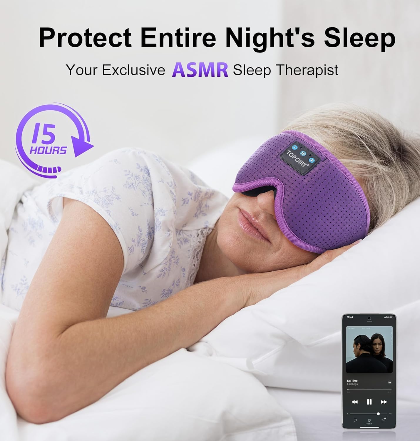TOPOINT Sleep Mask with Bluetooth Headphones, 3D Eye Mask for Sleep Headphones with White Noise, Total Blackout, 5.4 Bluetooth, Timer, 15 Hours for Women Men, Travel, Meditation, Nap, CPAP Users