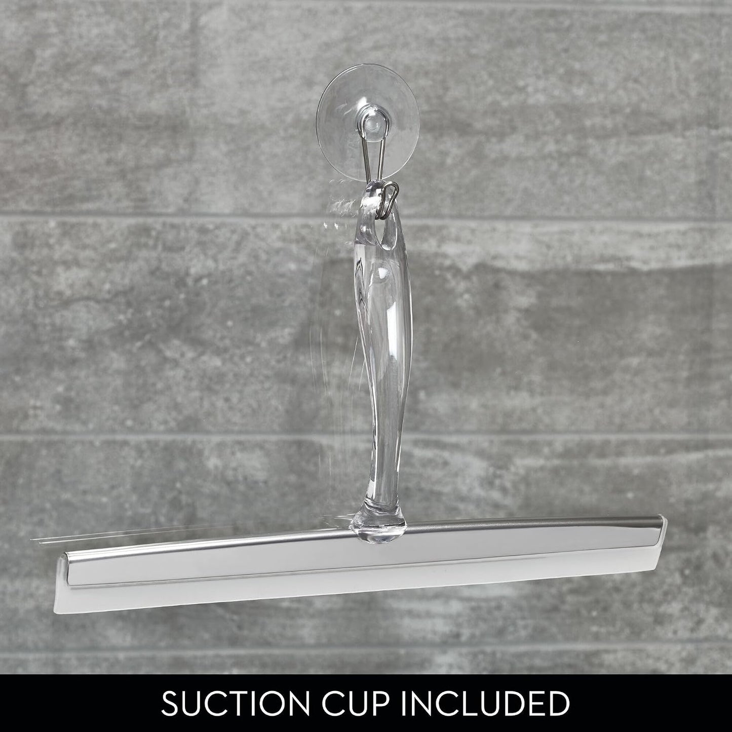 iDesign Zia Metal and Plastic Bathroom Squeegee for Shower, Glass Doors, Floors, Mirrors, with Suction Hook Holder , 12 Inches, Clear and Stainless Steel | Wall Hook Included