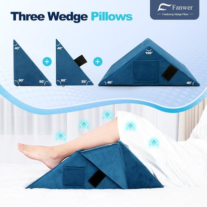 Fanwer Positioning Wedge Pillow for Side Sleeping (3 in 1), 40 Degree Triangle Bed Wedges & Body Positioners for Back Pain, Preventing Bedsores, After Surgery, Knees Elevated, Pregnancy