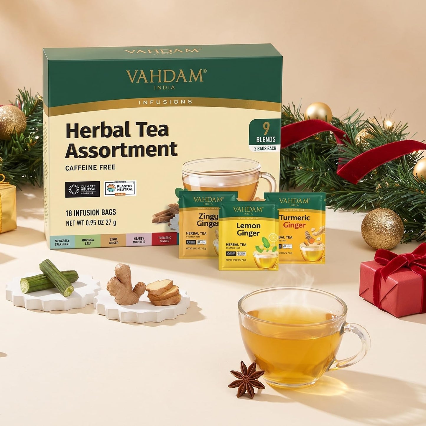 VAHDAM, Assorted Herbal Tea Sampler (18 Tea Bags, 9 Flavors) Caffeine-Free, Non-GMO | Double Infusion, Individually Enveloped Tea Bags | Herbal Tea Assortmen