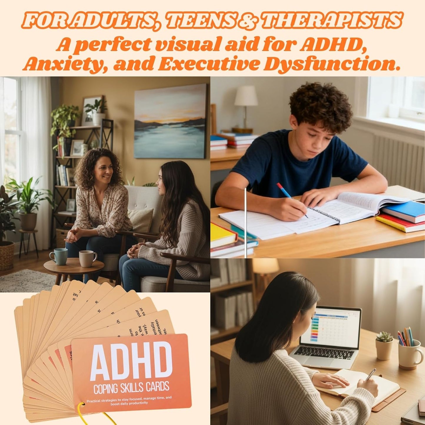 24 Double-Sided ADHD Therapy Tools & Coping Skills Cards for Adults & Teens – Executive Function, Anxiety Relief & ADHD Organization – Portable Flashcards with Digital App Suggestions