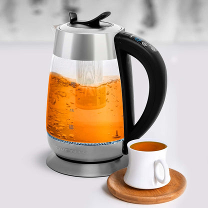 OVENTE 1.8L Glass Electric Kettle with Tea Infuser, Silver KGD752S | 1500W Fast Boiling, Easy Fill Lid, 7 Temperature Control, Keep Warm, Digital Display, Auto Shut-Off, Boil-Dry Protection