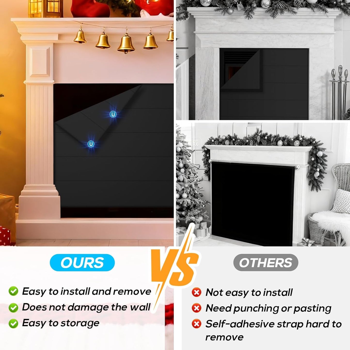 PAWBOSE Magnetic Fireplace Cover - Stop Heat Loss & Keep Drafts Out with Built-in 12 Strong Magnets for Iron Fireplace Frame, 39x32 Inch