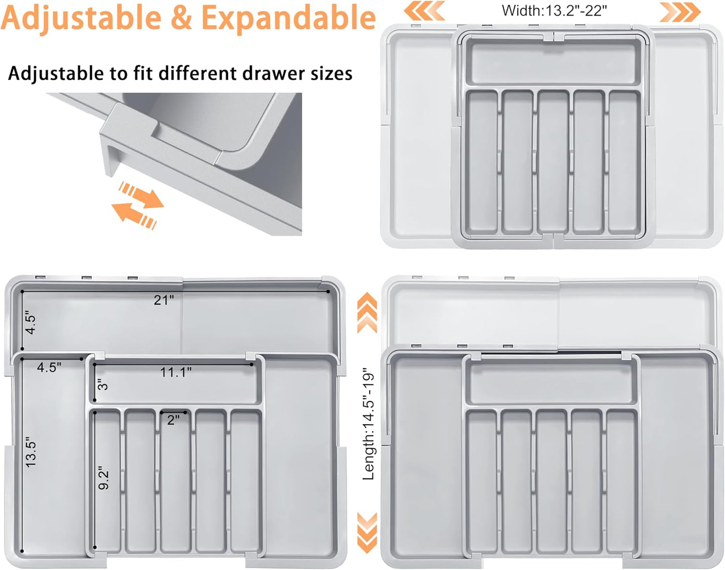 Large Silverware Drawer Organizer Expandable Kitchen Utensil Organizer BPA Free Flatware Cutlery Holder Tray Adjustable Plastic Drawer Divider Storage for Forks Knives 6-9 Slots White