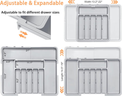 Large Silverware Drawer Organizer Expandable Kitchen Utensil Organizer BPA Free Flatware Cutlery Holder Tray Adjustable Plastic Drawer Divider Storage for Forks Knives 6-9 Slots White
