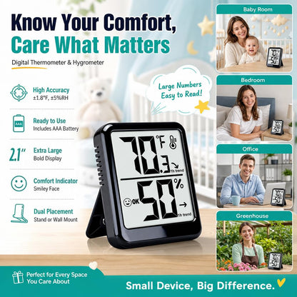 Room Thermometer Indoor Hygrometer Digital Humidity Meter | Accurate Sensor, Fast Refresh, Big Digits, Easy to View, ℉/℃, w/ AAA Battery, Compact for Home, Office, Pet, Plant