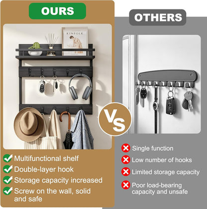 Two-Tier Wall Key Holder with Shelf,Wooden Key Holder Wall Mount | 4 in 1 Coat and Key Hanger with 10 Metal Hooks,Entryway Key Holder with Shelf,Mail Holder for Wall,Mail Organizer