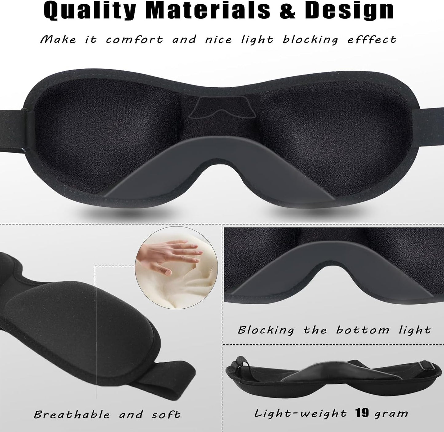 Sleep Mask for Women Men 3D Contoured Sleeping Eye Mask Adjustable Strap Blindfold Soft Eye Shade Cover (Black 1 Pc)
