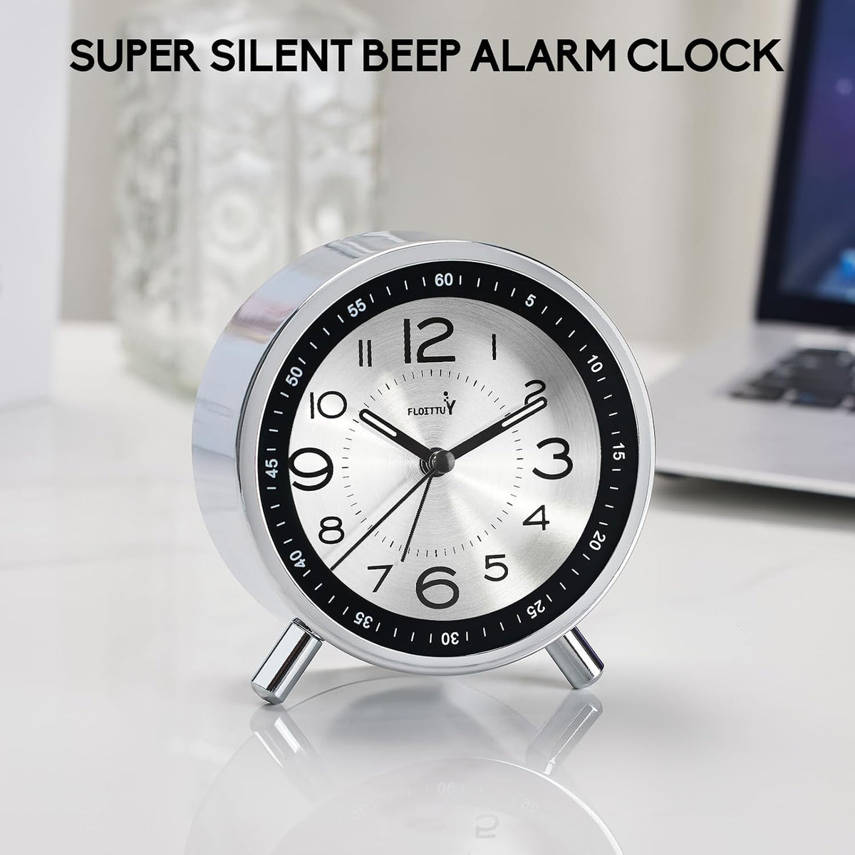 FLOITTUY Super Silent Metal Alarm Clock,Beep Wake Round Alarm Clock with Night Light,Battery Operated,Easy Set,Simple & Retro for Desk, Bedroom and Home Decoration(Creamy White)
