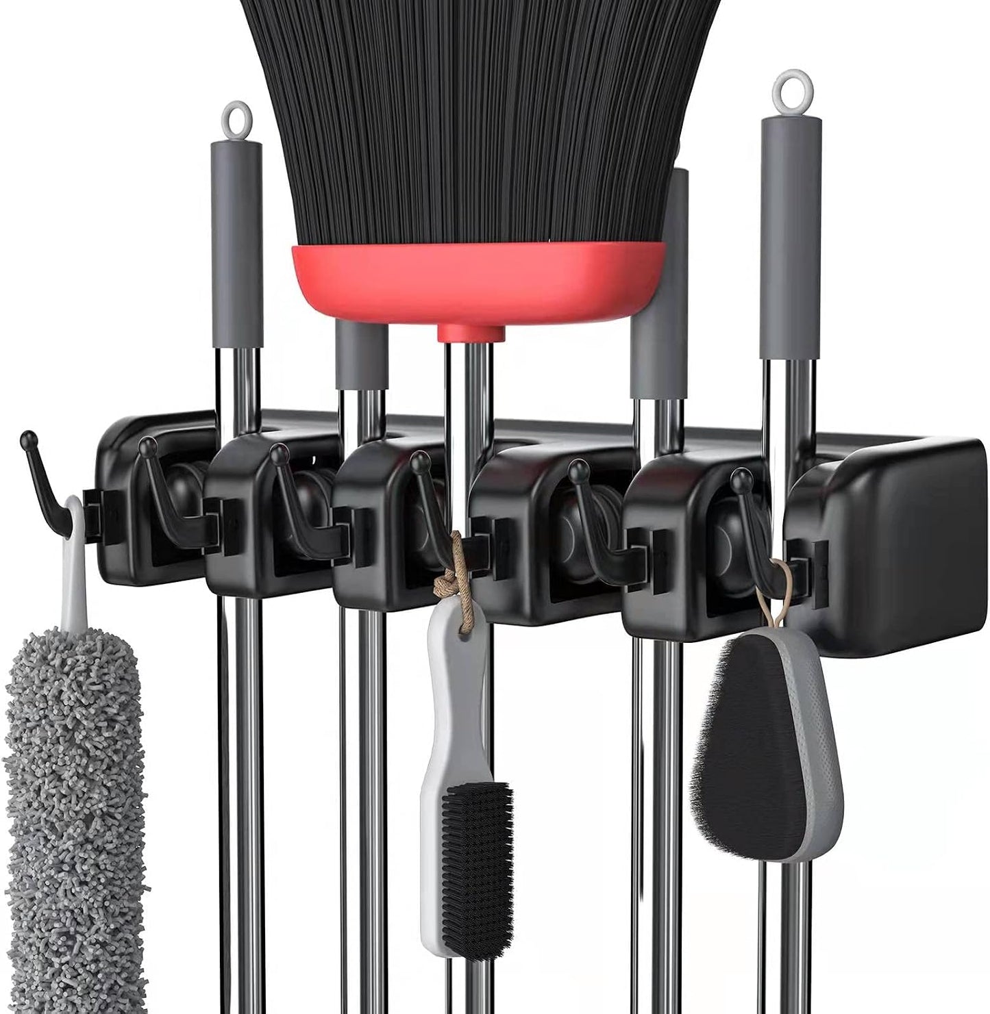 LETMY Broom Holder Wall Mounted - Mop and Broom Hanger Holder - Garage Storage Rack & Garden Tool Organizer - 5 Position 6 Hooks for Home, kitchen, Garden, Tools, Garage