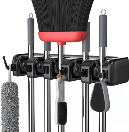 LETMY Broom Holder Wall Mounted - Mop and Broom Hanger Holder - Garage Storage Rack & Garden Tool Organizer - 5 Position 6 Hooks for Home, kitchen, Garden, Tools, Garage