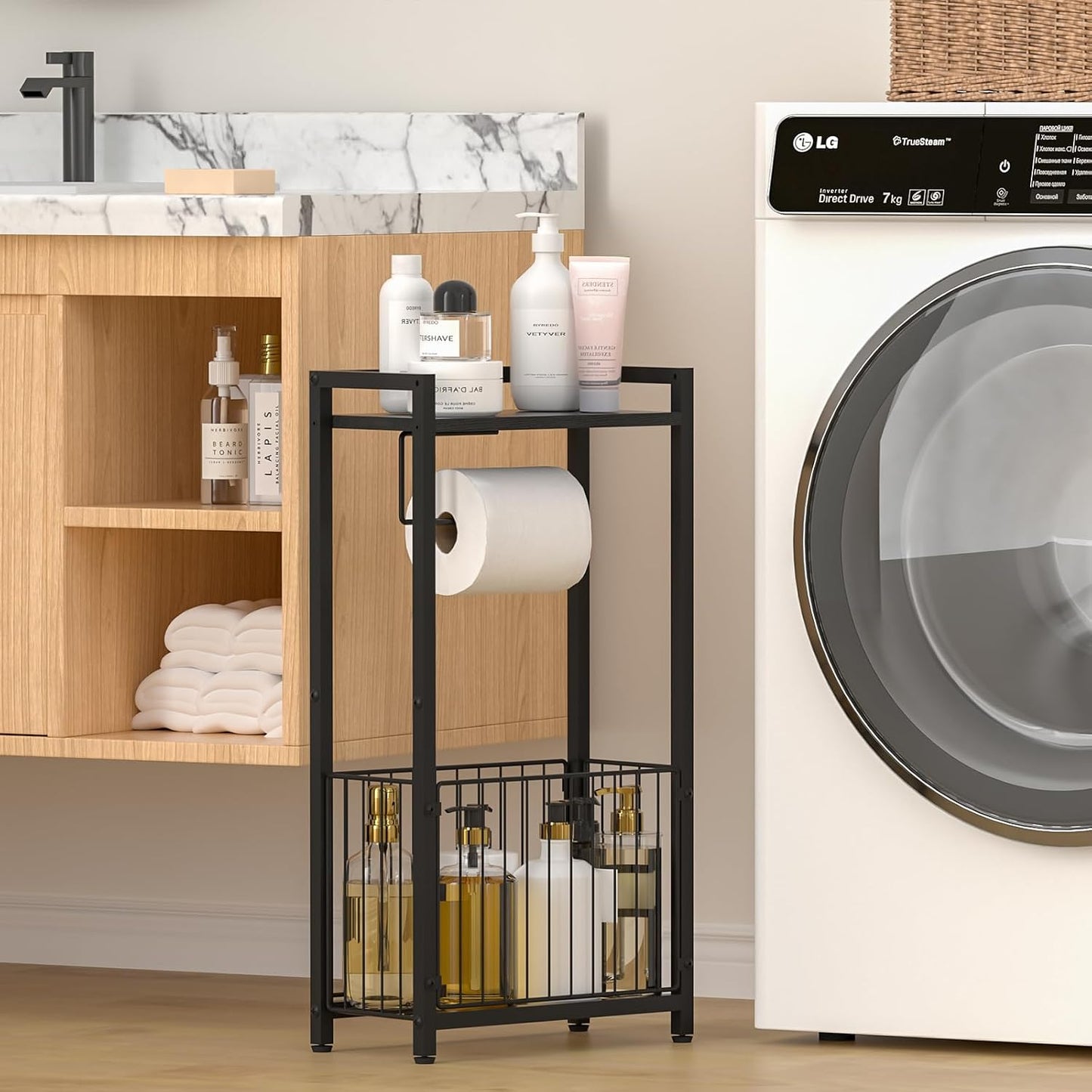 Freestanding Toilet Paper Holder with Storage Shelf | Bathroom Tissue Stand with Space for Phone, Tablet, and Magazines – All-in-One Toilet Roll Dispenser and Organizer