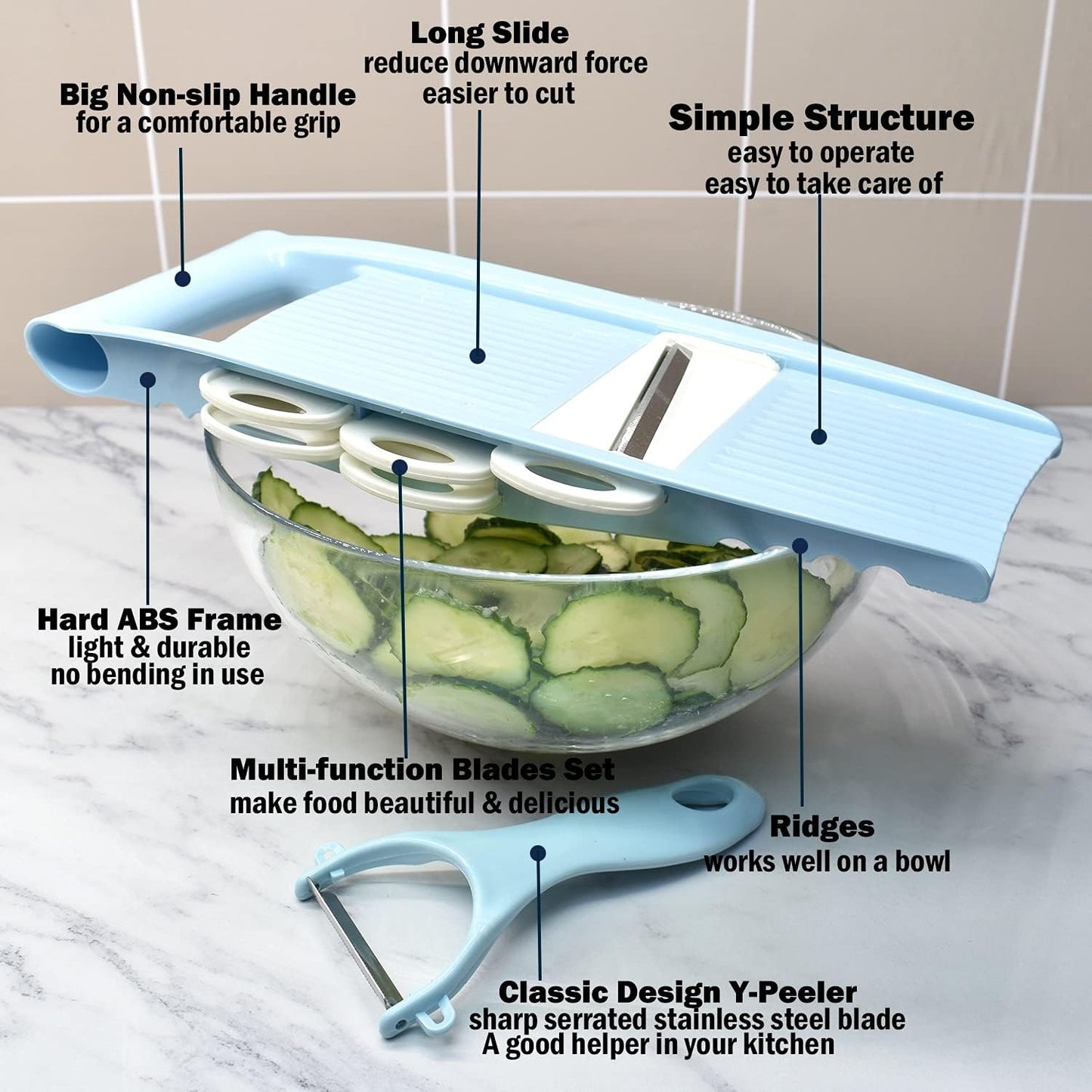 NACOLUS Handheld Mandoline Slicer for Kitchen, Vegetable Slicer Multi Blade Potato Chip, Veggie shredder, Vegetable Cutter, Julienne Shredder and peeler For Small Job In Kitchen Blue