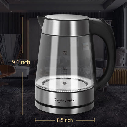 Taylor Swoden 1.7L Electric Tea Kettle, Glass Hot Water Boiler for Tea | Fast Boiling Electric Kettle Cordless Water Boiler with Auto Shutoff & Boil Dry Protection, Glass & Stainless Steel