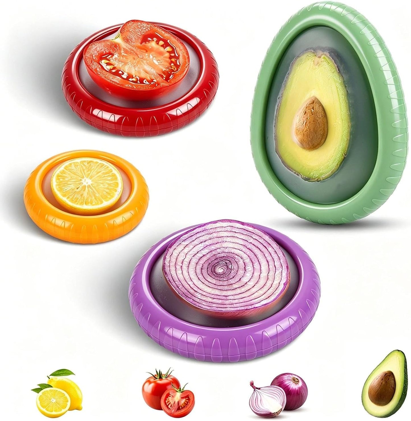 Avocado Saver Set of 4 Stretch Silicone & Plastic Food Storage Pods, Reusable Leak-Proof Produce Containers for Fridge, Keep Onion Lemon Tomato Vegetable Fresh