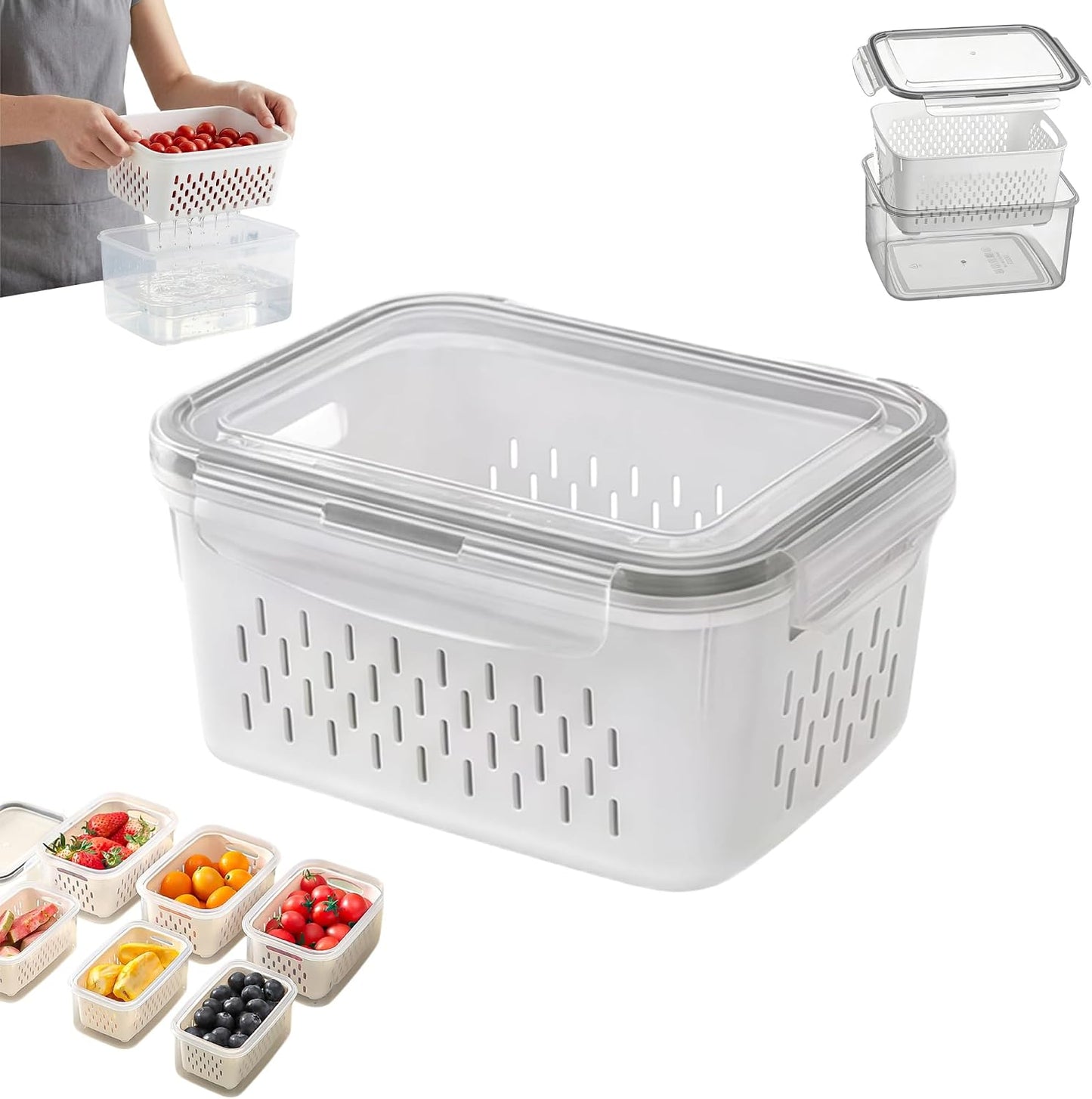 Fruit Storage Containers for Fridge, 4 in 1 Food Storage Container with Removable Colander, Airtight Produce Saver, Stackable Fridge Organizer for Wash, Drain & Store (Gray, S)