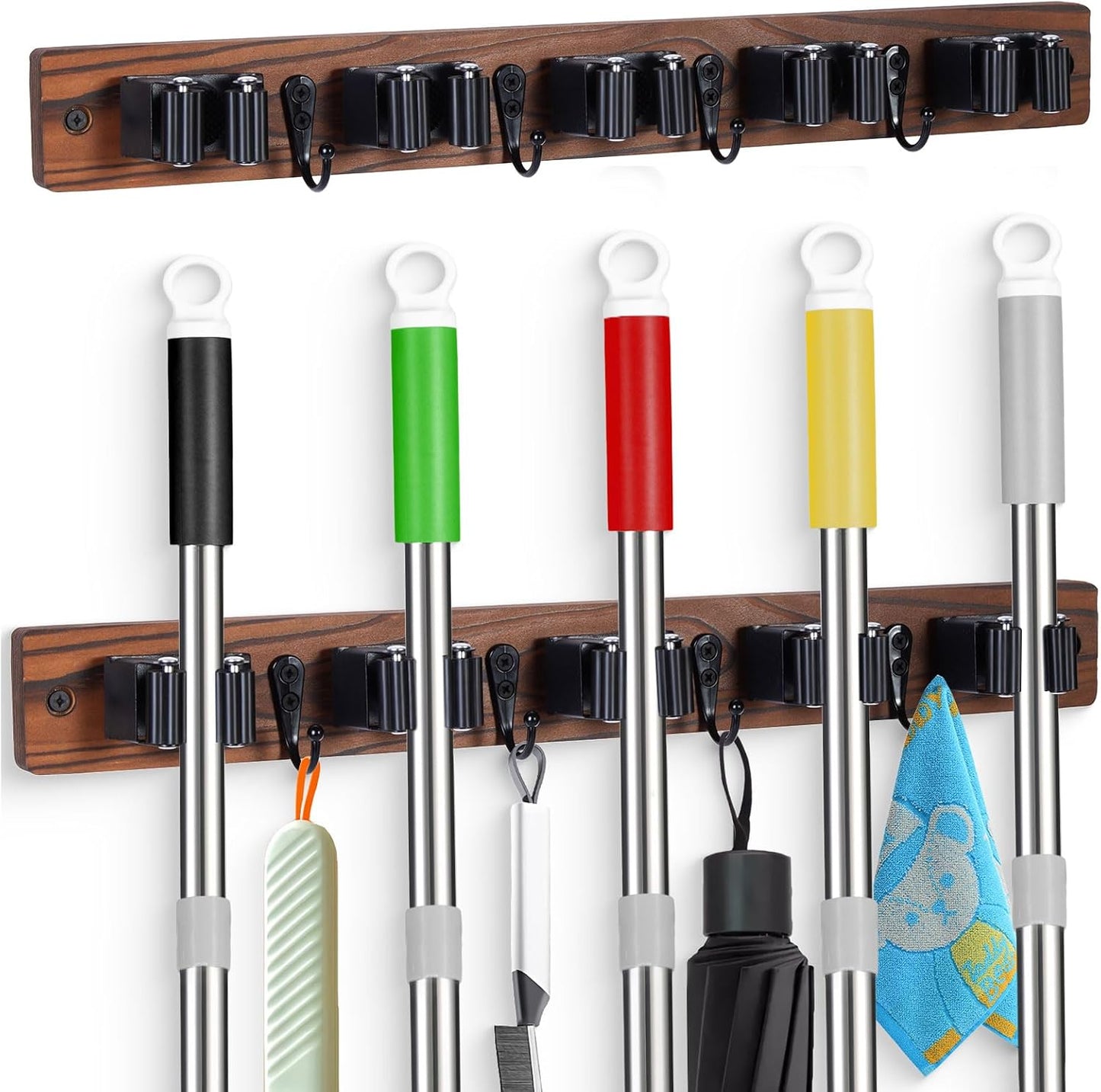 FunCee Broom Holder Wall Mount With 5 Slots & 4 Hooks，Rustic Wood Broom & Mop Hanger，Wall Mounted Garden & Garage Tool Storage Organizer Rack for Closet Laundry Room or Kitchen Wall Decor