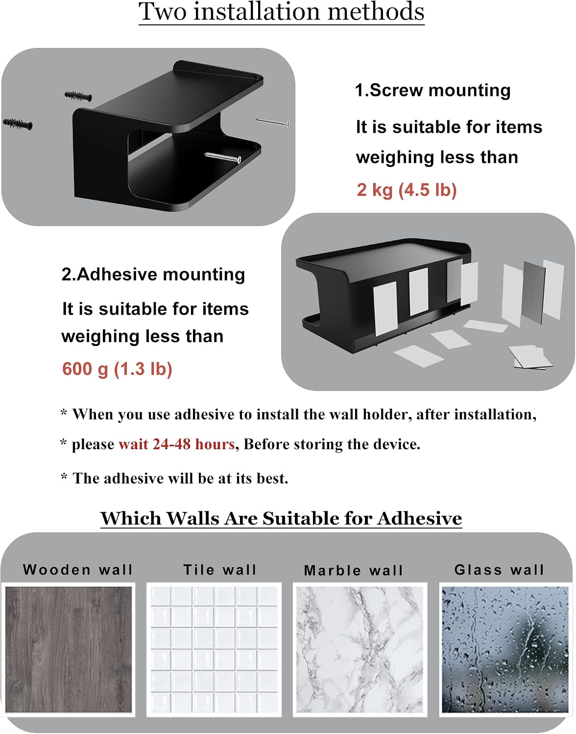 Bedside Wall Shelf Organizer, Small Bedside Shelf, (Black) | Wall Mount for Bed, Stick on Wall Shelf, Double Tray Holder for Storing Cellphone, Glasses, Keys, Camera , Alarm Clock