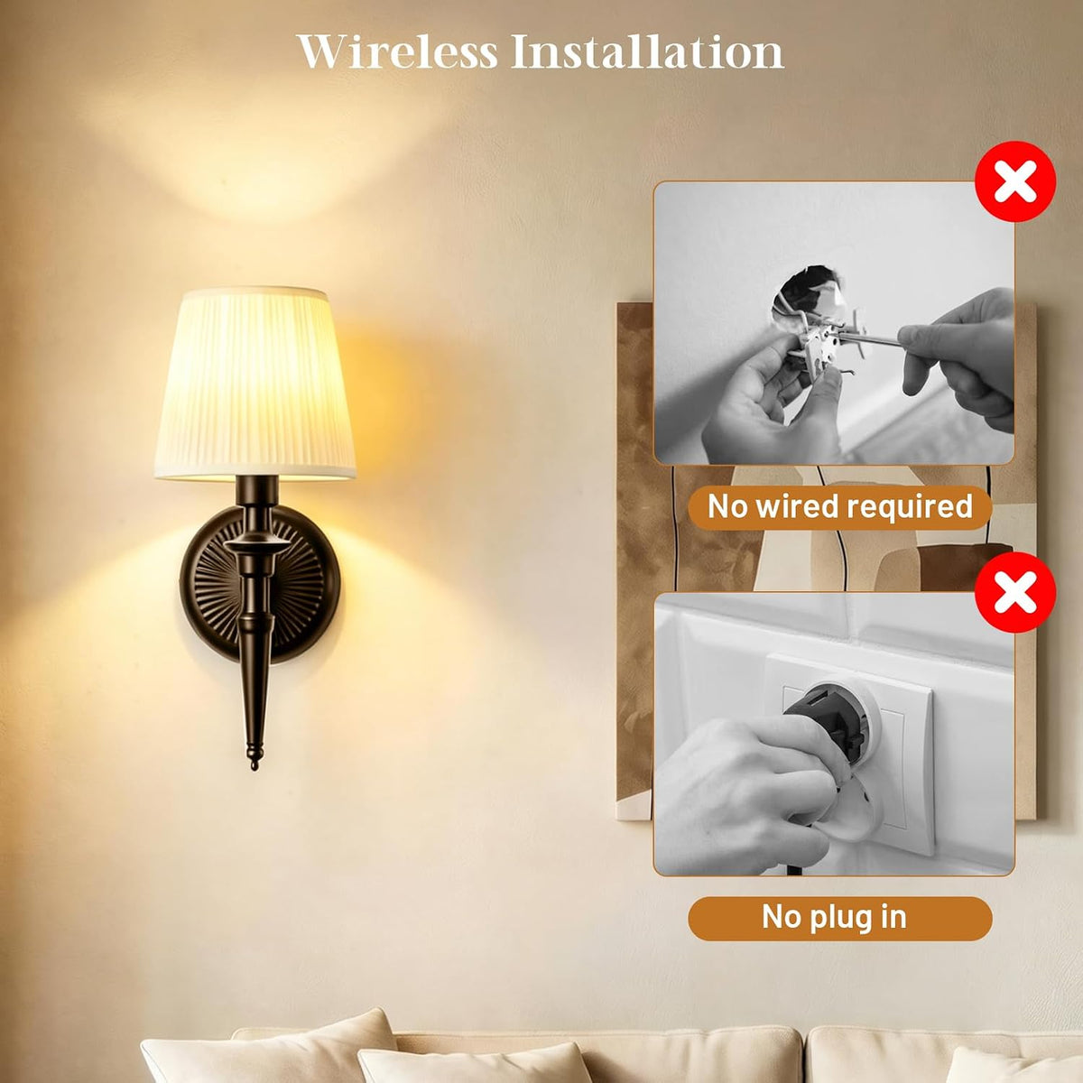 Battery Operated Wall Sconces Set of 2, Wireless Rechargeable Wall Lights with 12 RGB Colors and 3CCT Dimmable, Small Fabric LED Wall Lamps for Bedroom, Living Room, Hallway, Gold