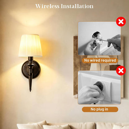 Battery Operated Wall Sconces Set of 2, Wireless Rechargeable Wall Lights with 12 RGB Colors and 3CCT Dimmable, Small Fabric LED Wall Lamps for Bedroom, Living Room, Hallway, Gold
