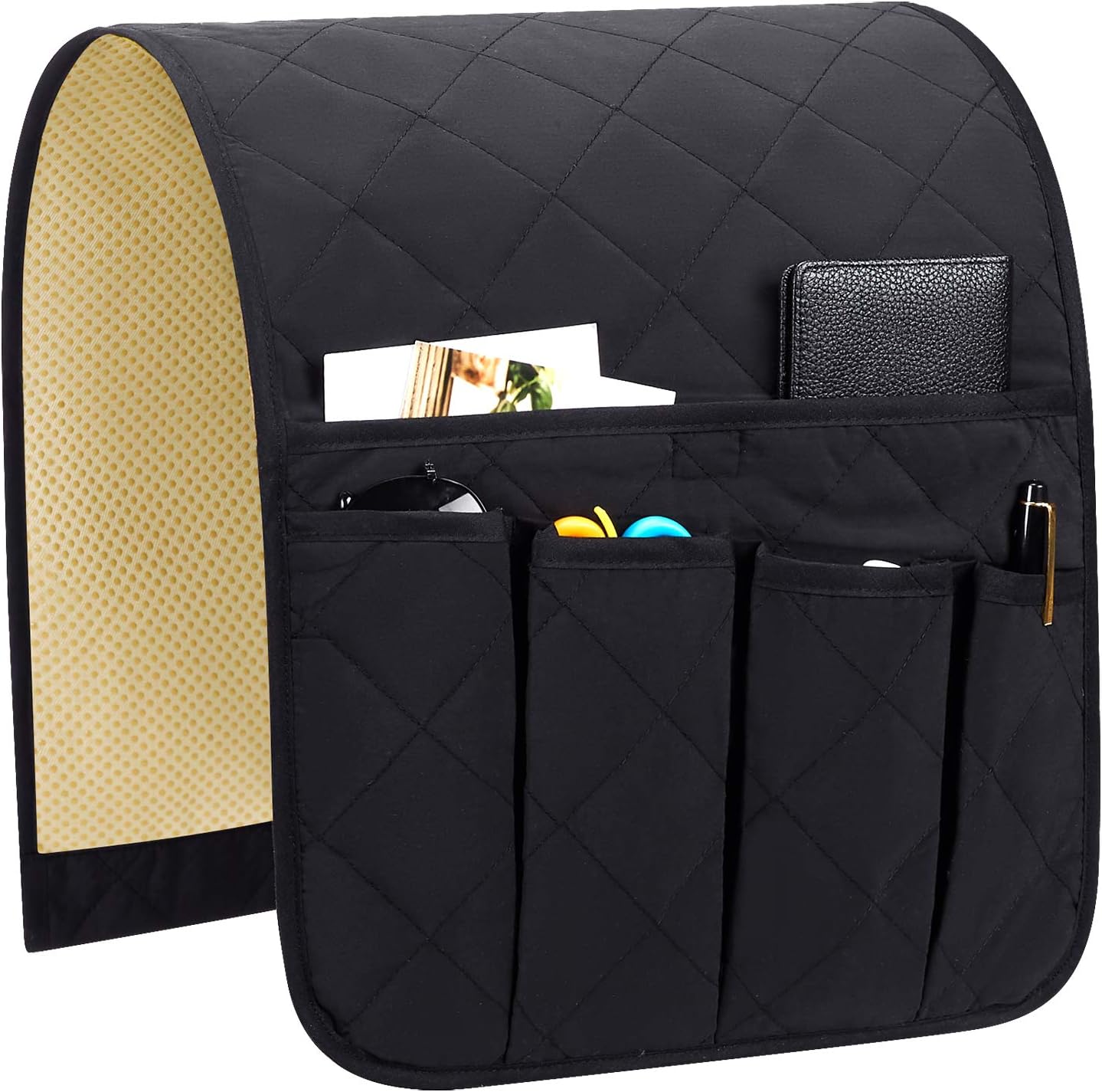 Teniux Armrest organizer GRS Certified Non-Slip Remote Control Holder with 5 Pockets Couch Sofa Chair Armchair Caddy For Smart Phone, Book, Magazines, Ipad (Black)