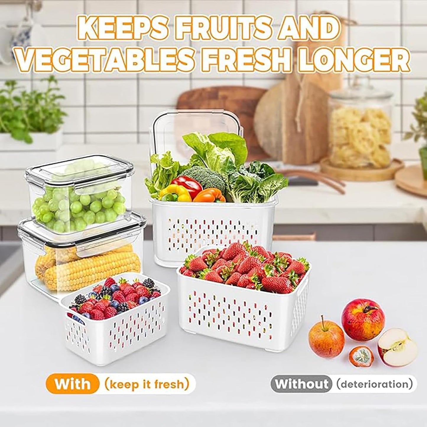 3pcs 4 in 1 Fruit Storage Containers for Fridge with Removable Colanders | Airtight, stackable, keeps food fresh. Dishwasher safe. Berry, vegetable, produce basket, strainer, refrigerator keeper