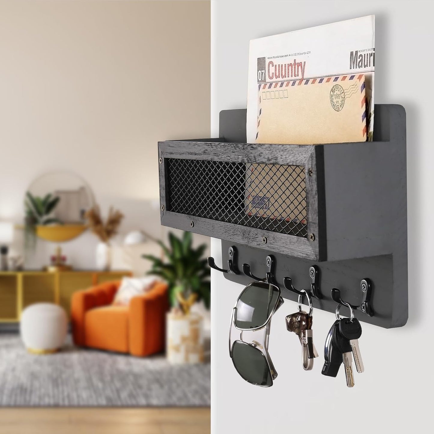 ADIIL Mail and Key Holder for Wall Decorative, Wooden Wall Mount Key Rack Hanger Organizer with 4 Double Key Hooks, Rustic Home Decor for Entryway Hallway, Brown