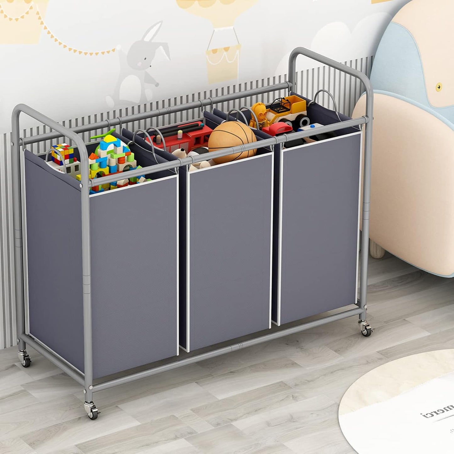 LINZINAR 3 Section Laundry Hamper, Black Laundry Basket 135L Laundry Sorter | Laundry Room Organization with Heavy Duty Rolling Lockable Wheels and Removable Bag, Bedroom Laundry Cart for Clothes Storage
