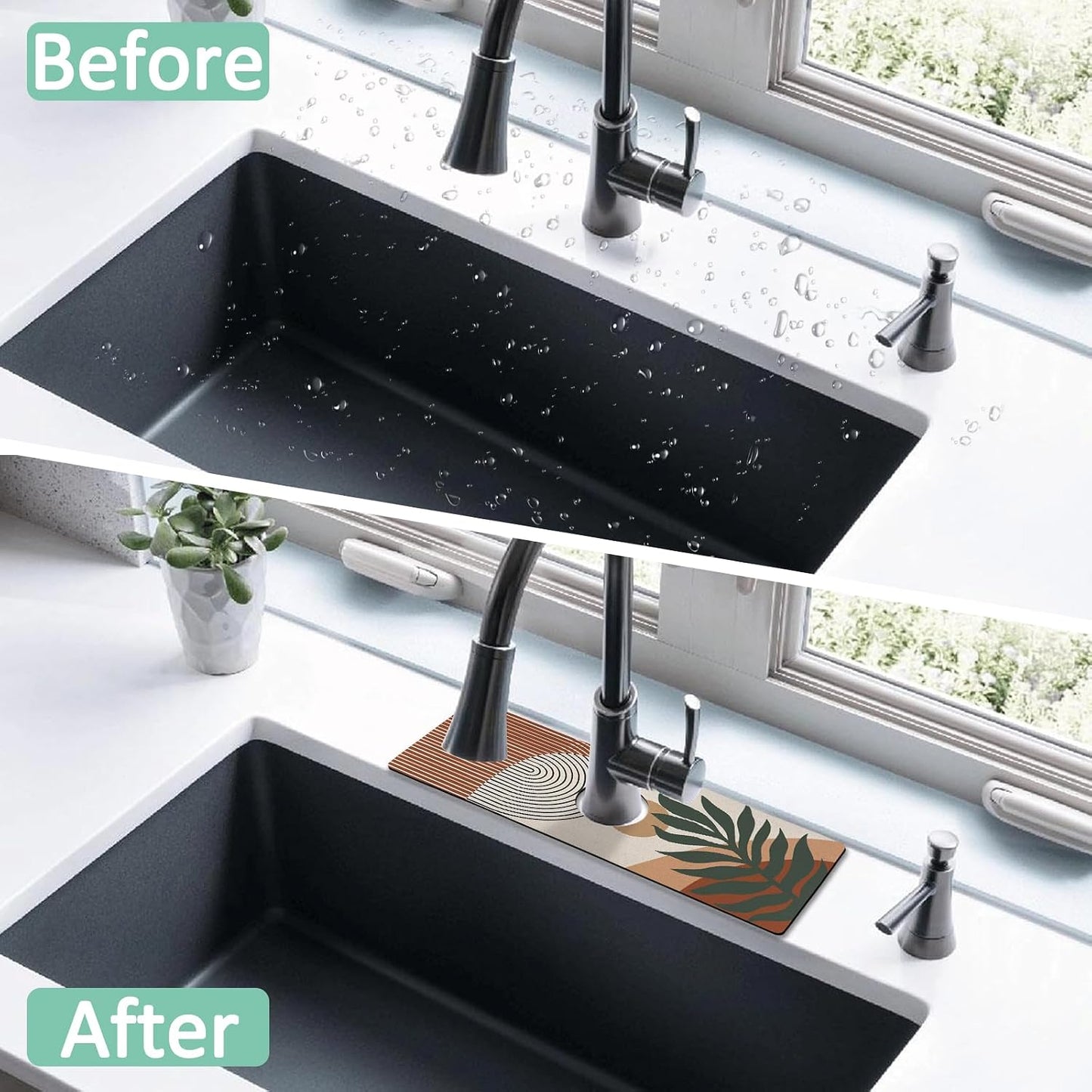 Kitchen Sink Splash Guard Faucet Mat 24" X 5.5" Tropical Leavesl Absorbent Fast Drying Mat Faucet Draining Mat Sink Splash Guard Behind Faucet Drip Catcher for Kitchen Bathroom