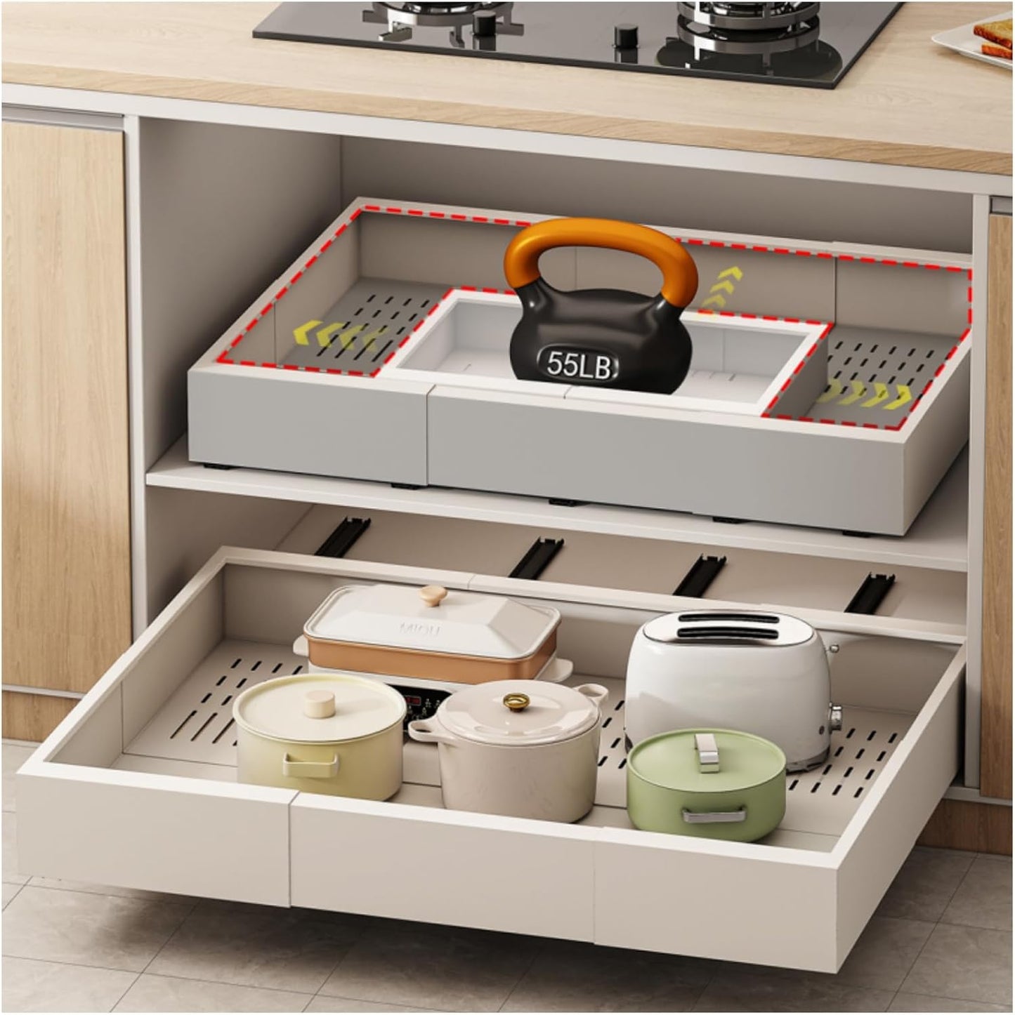 Fokyfok Pull Out Cabinet Organizer,23"-31"W,17"-24"D,Expandable,Adhesive | No Drill,5 Rails,Adjustable Slide out Drawers for Kitchen,Pantry,Roll out Shelves,Cabinets Without Lip,Framless,White,1PC